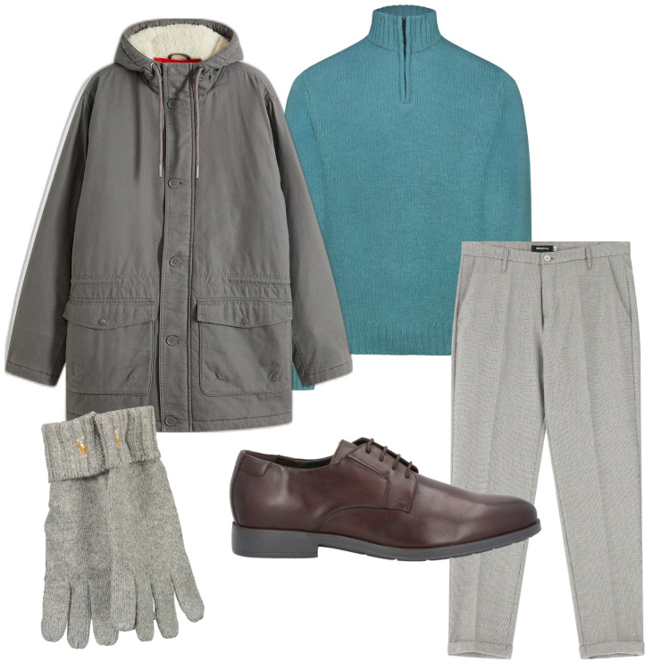 Outfit uomo - Trendy. Stile Urban per Ufficio. Abbinamento con parka, scarpe stringate, pantaloni, maglieria, guanti.