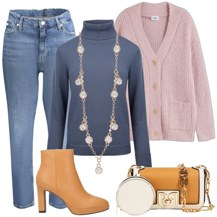 Outfit donna - Total look #2034910. Stile Casual chic per Cerimonia. Abbinamento con cardigans, stivaletti, collane, pochette, maglieria, jeans mom.