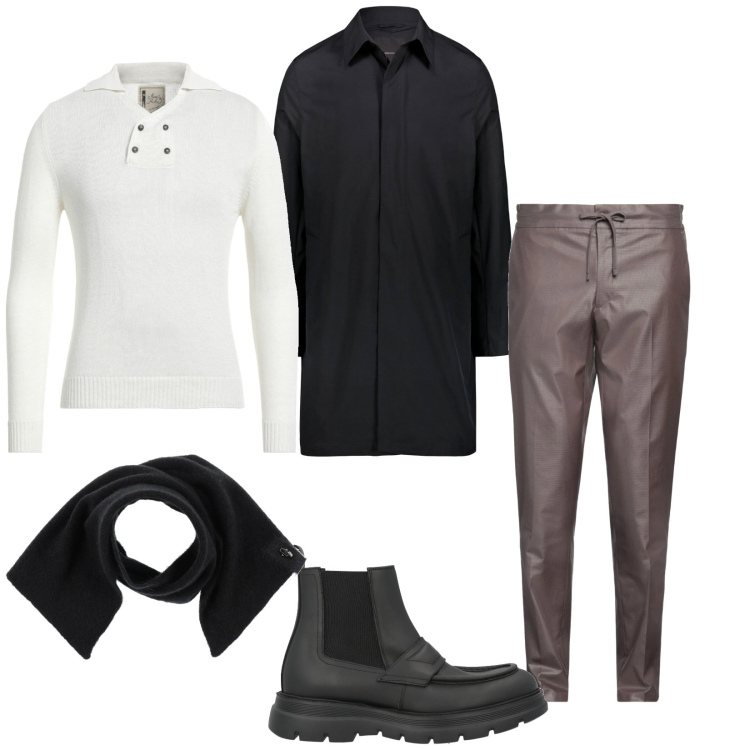 Outfit uomo - Dettare la moda. Stile Trendy per Serata speciale. Abbinamento con pullovers, sciarpe, pantaloni skinny, stivali e stivaletti, giacche.