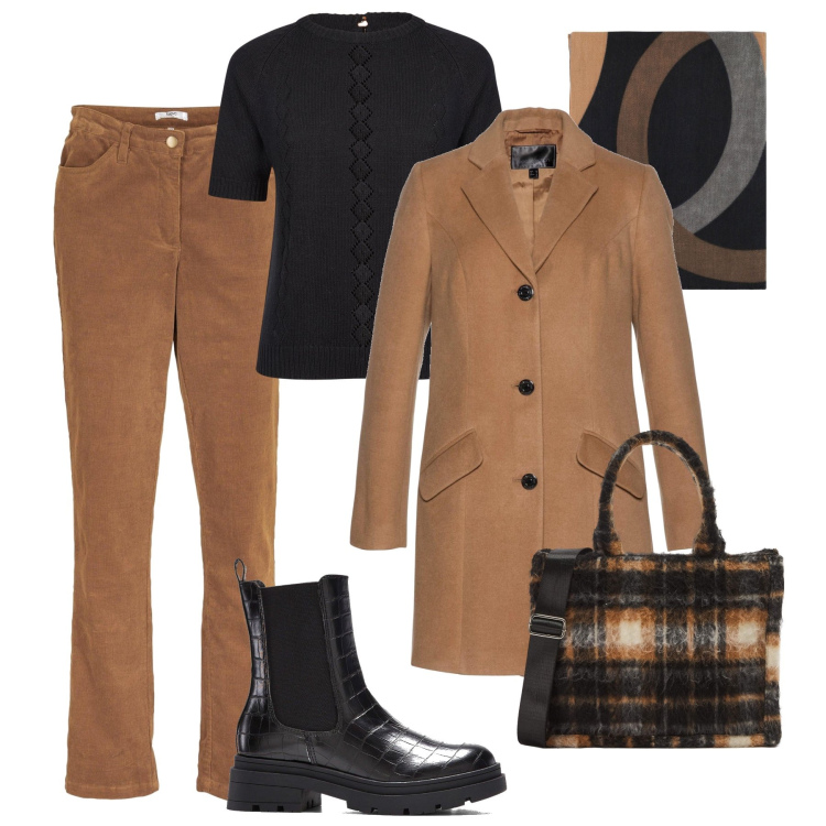 Outfit donna - Cappottino chic e pantaloni velluto. Stile Casual chic per Tutti i giorni. Abbinamento con pantaloni, cappotti, stivaletti chelsea, shopping bag, foulard, maglieria.