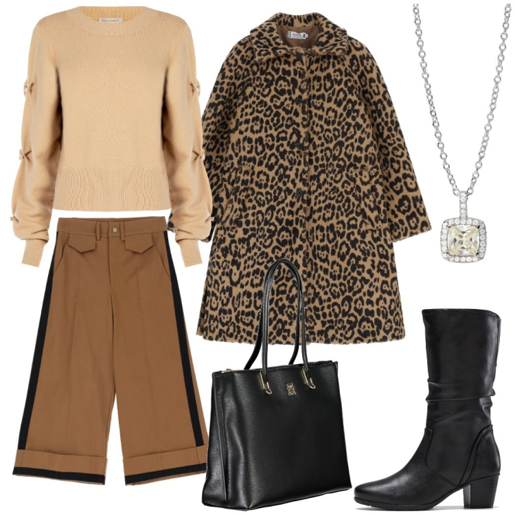 Outfit donna - I pantaloni alla caviglia. Stile Trendy per Serata fuori. Abbinamento con stivali, collane, maglieria, cappotti, pantaloni, borse a spalla.