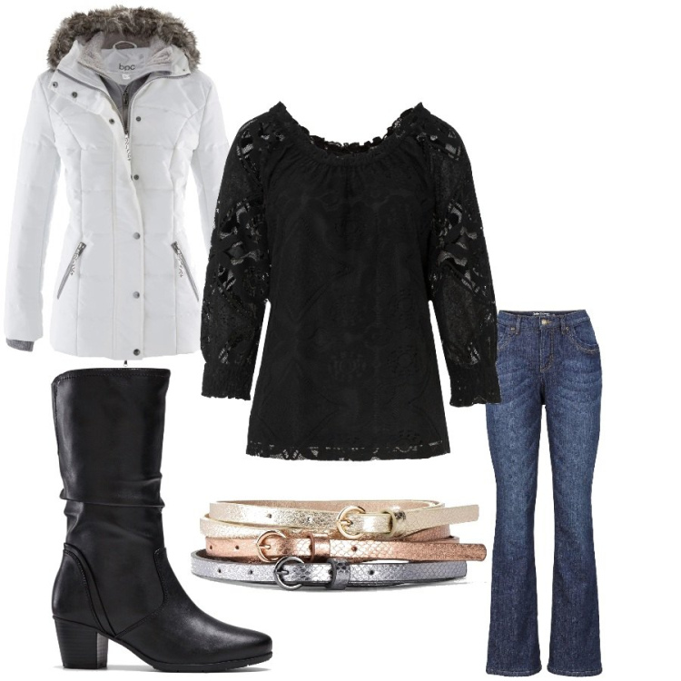 Outfit donna - Total look #2034949. Stile Rock per Tutti i giorni. Abbinamento con maglieria, piumini, jeans bootcut, cinture, stivali.