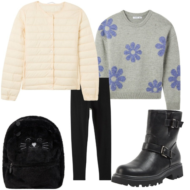 Outfit donna - Total look #2034951. Stile Minimal per Tutti i giorni. Abbinamento con stivaletti, maglieria, leggings, piumini, zaini.