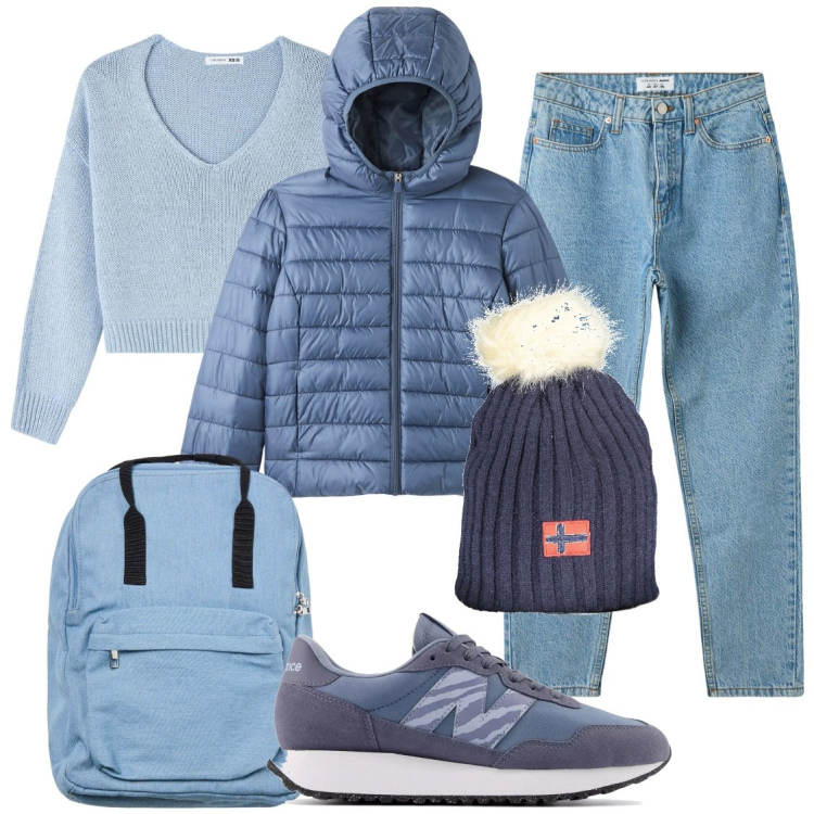 Outfit donna - Blu. Stile Casual per Scuola/Università. Abbinamento con jeans mom, blazer, maglieria, zaini, sneakers, berretti.