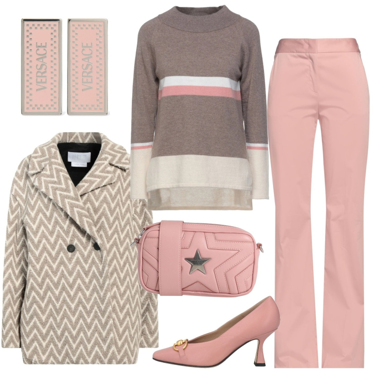 Outfit donna - Informale in rosa, beige e marrone. Stile Casual chic per Serata fuori. Abbinamento con caban, pantaloni, maglieria, décolleté, borse a spalla, orecchini.