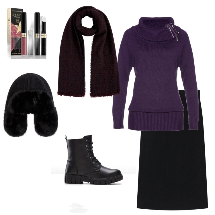 Outfit donna - Con freddo e pioggia. Stile Casual chic per Ufficio. Abbinamento con stivaletti, maglieria, rossetti, berretti, gonne longuette, sciarpe.