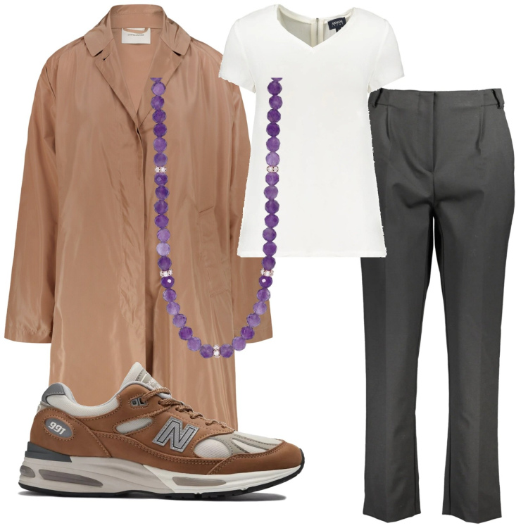 Outfit donna - Total look #2034974. Abbinamento con collane, sneakers, trench, t-shirt, pantaloni.