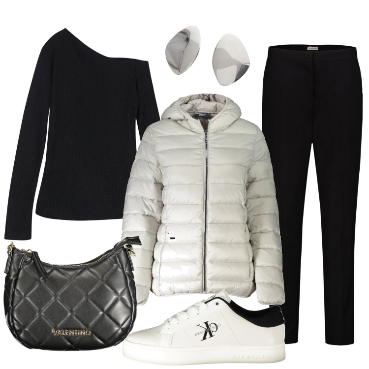 Outfit donna - Intramontabile black and white. Stile Casual chic per Tutti i giorni. Abbinamento con maglieria, orecchini, pantaloni, blazer, sneakers, borse a spalla.