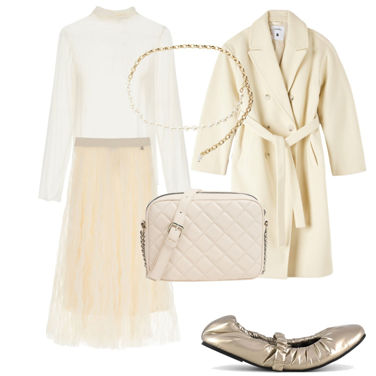 Outfit donna - Winter Whites. Stile Trendy per Serata fuori. Abbinamento con cappotti, borse a tracolla, gonne lunghe, collane, maglieria, ballerine.
