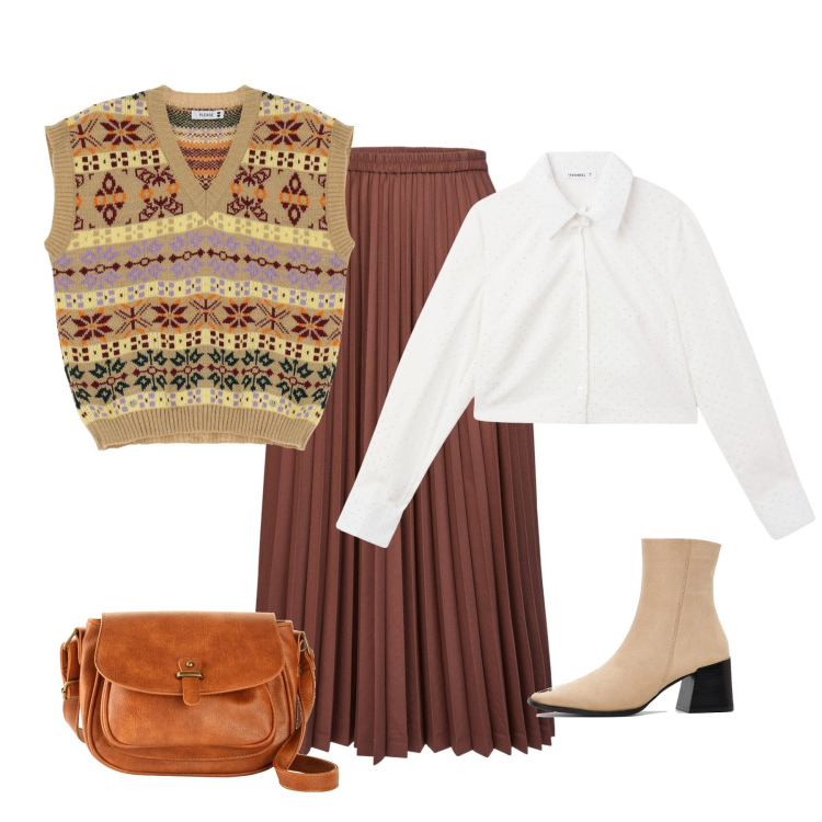 Outfit donna - Vintage retro. Stile Vintage retrò per Tutti i giorni. Abbinamento con borse a tracolla, stivaletti, camicie, gilet, minigonne.