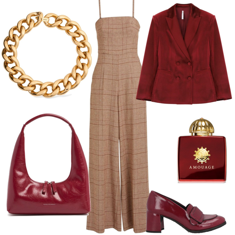 Outfit donna - La tuta principe di Galles. Stile Casual chic per Ufficio. Abbinamento con tute, mocassini, profumi, blazer, collane, borse a spalla.