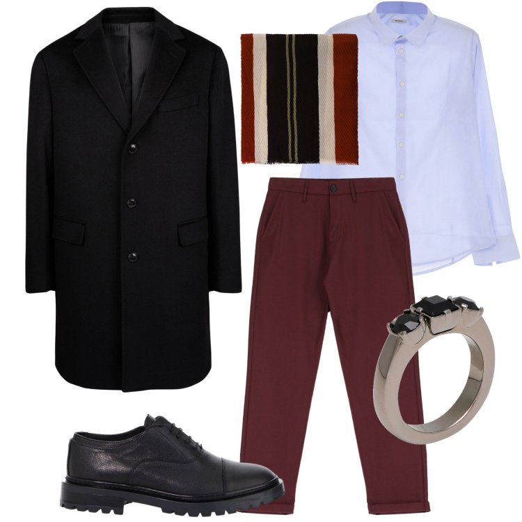 Outfit uomo - Il Cappotto!. Stile Trendy per Serata speciale. Abbinamento con anelli, camicie, pantaloni, sciarpe e foulard, scarpe stringate, cappotti.
