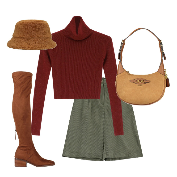 Outfit donna - Colori caldi. Stile Trendy per Tutti i giorni. Abbinamento con stivali sopra il ginocchio, bermuda, maglieria, cappelli, borse a spalla.
