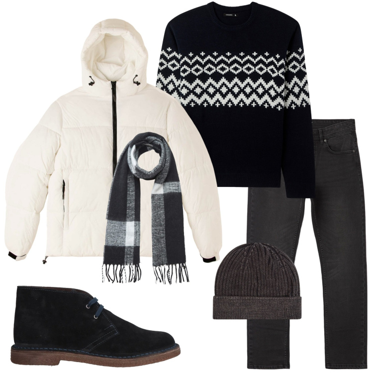 Outfit uomo - In città. Stile Urban per Tutti i giorni. Abbinamento con stivali e stivaletti, berretti, jeans dritti, piumini, sciarpe, maglieria.