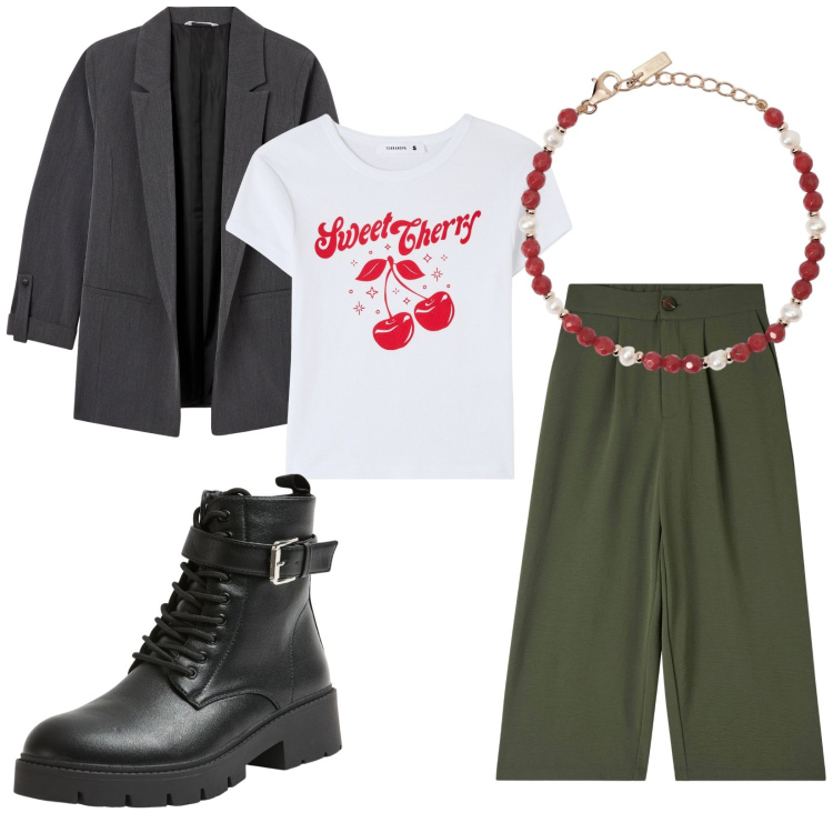 Outfit donna - Total look #2034991. Abbinamento con pantaloni a palazzo, blazer, t-shirt, anfibi, braccialetti.