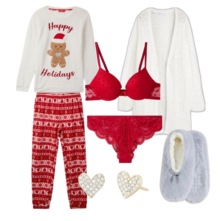 Outfit donna - Dolce notte. Stile Casual per Tutti i giorni. Abbinamento con cardigans, calzini, reggiseni push-up, culotte, pigiama, orecchini.