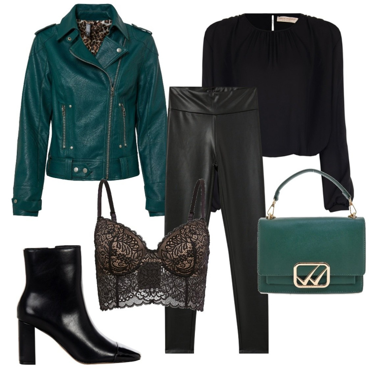 Outfit donna - Blusa in georgette. Stile Rock per Serata fuori. Abbinamento con blazer, reggiseni, bluse, stivaletti, treggings, borse a tracolla.