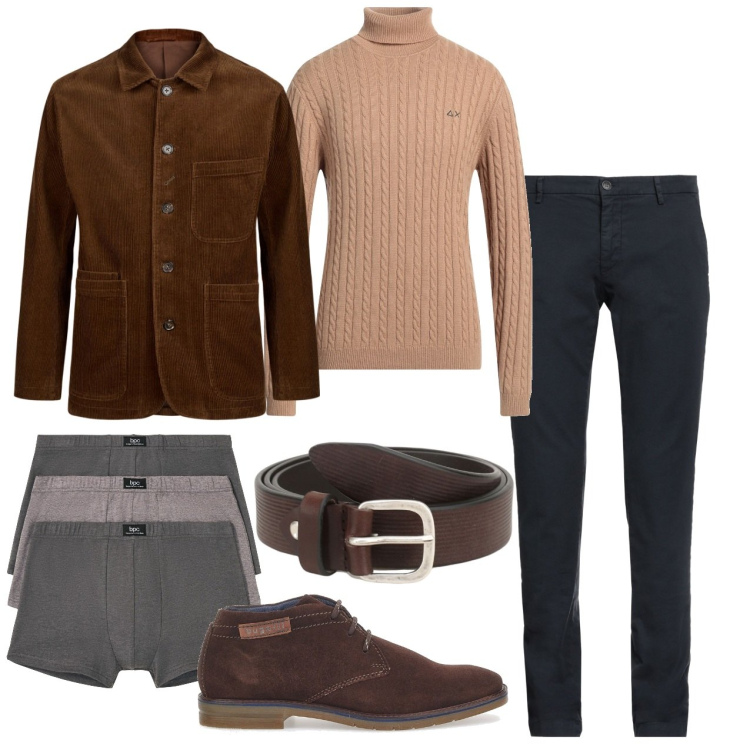 Outfit uomo - Casual chic per l\'ufficio. Stile Casual per Ufficio. Abbinamento con boxer, maglieria, pantaloni chino, cinture, scarpe stringate, giacche.
