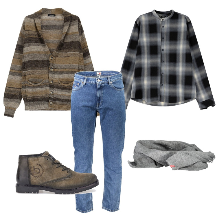 Outfit uomo - Grunge chic. Stile Urban per Tutti i giorni. Abbinamento con camicie, cardigans, scarpe stringate, sciarpe, jeans.