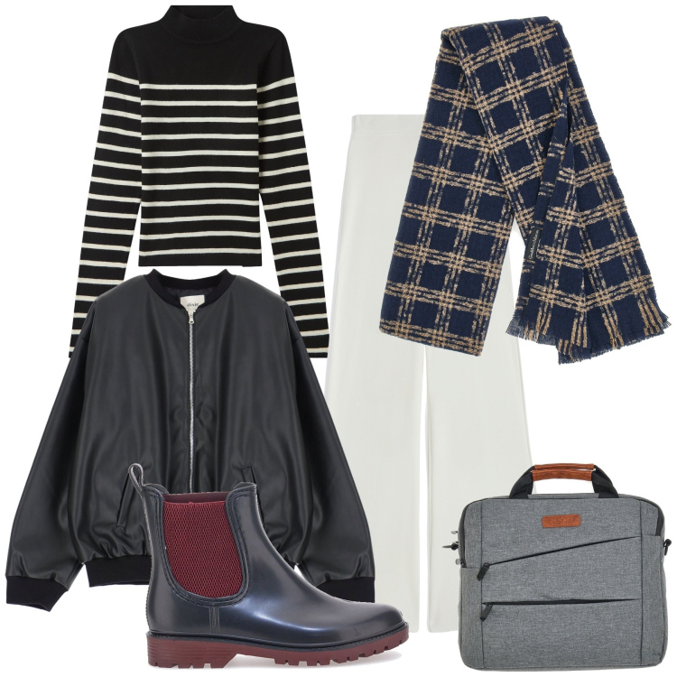 Outfit donna - La sciarpa a quadri sulle righe. Stile Trendy per Tutti i giorni. Abbinamento con maglieria, pantaloni, bomber, sciarpe, borse a mano, stivaletti chelsea.