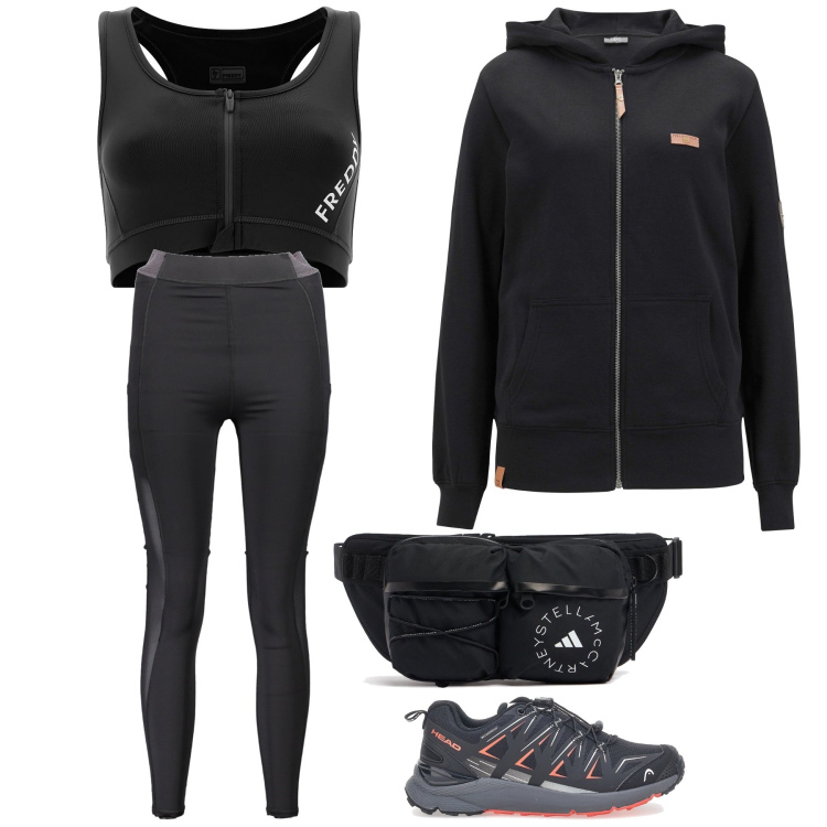Outfit donna - Sport in black. Stile Basic per Sport. Abbinamento con felpe con cappuccio, reggiseni, scarpe sportive, leggings, marsupi.