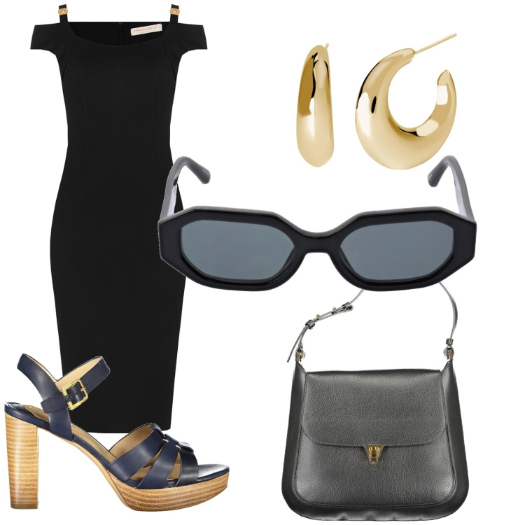 Outfit donna - Ufficio con stile. Stile Casual chic per Ufficio. Abbinamento con orecchini, vestiti midi/longuette, borse a spalla, occhiali da sole, sandali col tacco.