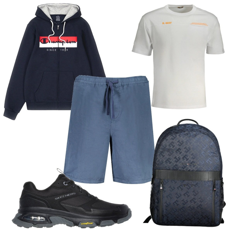 Outfit uomo - Total look #2035097. Stile Trendy per Sport. Abbinamento con felpe con cappuccio, scarpe sportive, borse sportive, t-shirt, bermuda.