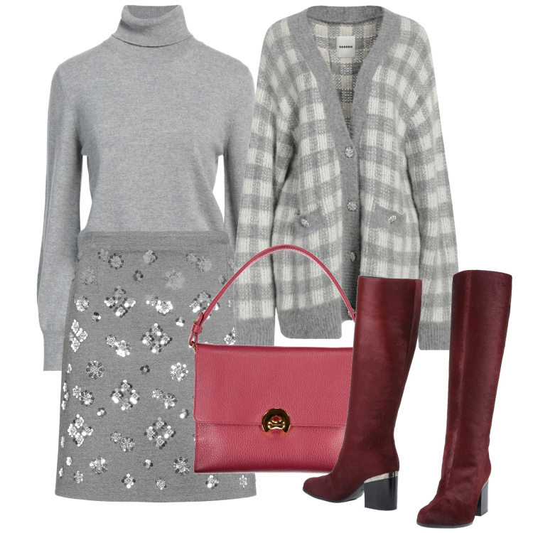 Outfit donna - Mix and match grigio. Stile Bon Ton per Ufficio. Abbinamento con stivali, cardigans, maglieria, minigonne, borse a spalla.
