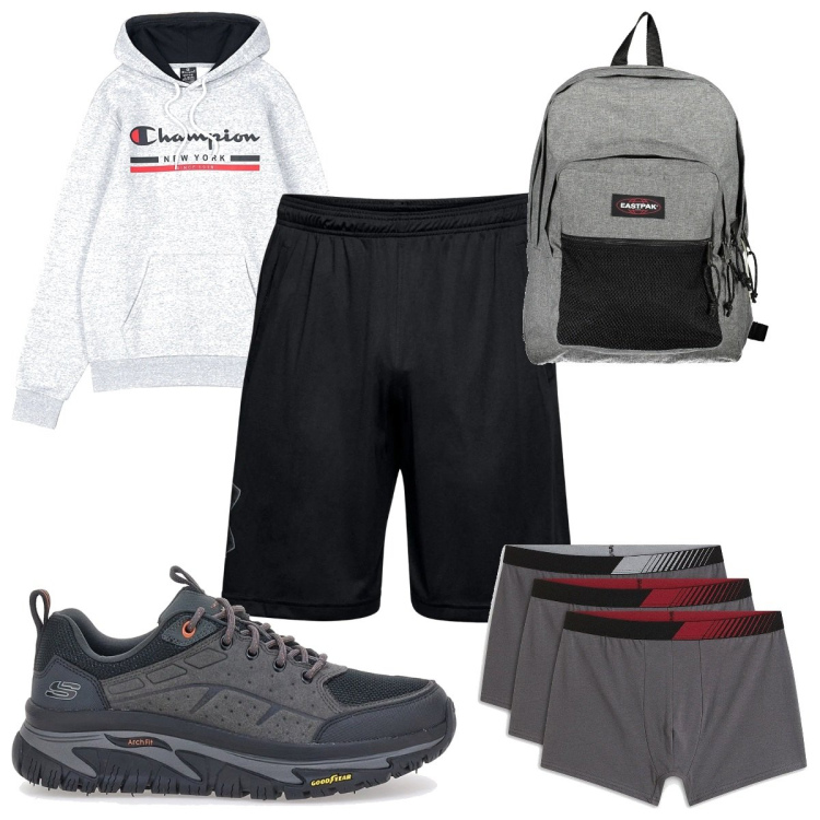 Outfit uomo - Total look #2035108. Stile Trendy per Sport. Abbinamento con boxer, felpe con cappuccio, borse sportive, scarpe sportive, shorts.