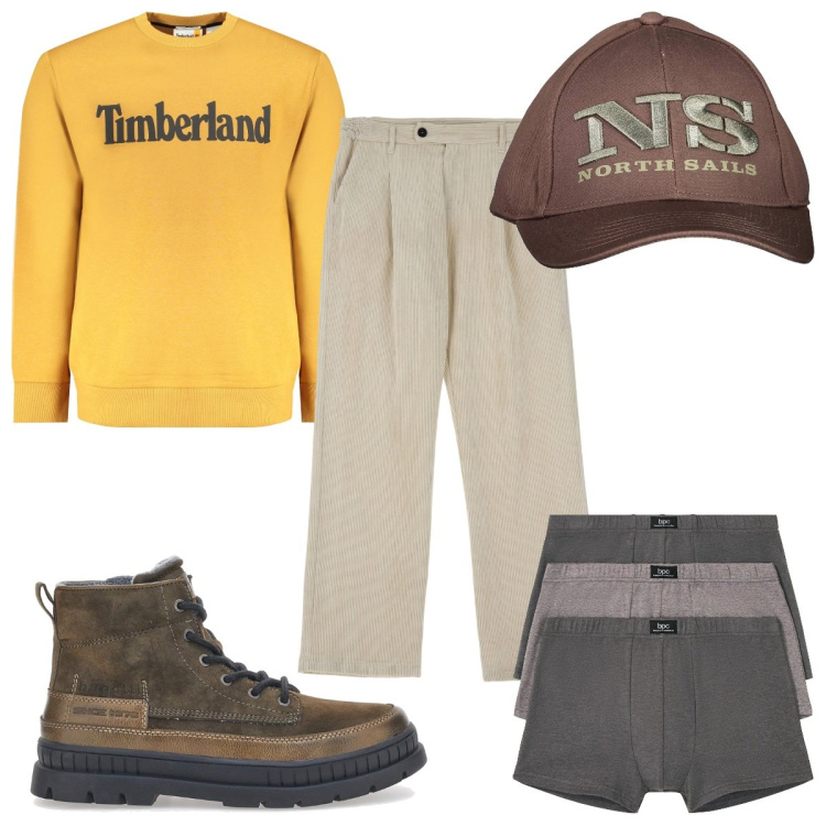 Outfit uomo - Total look #2035114. Stile Trendy per Tutti i giorni. Abbinamento con boxer, pantaloni, stivali e stivaletti, felpe, cappelli con visiera.