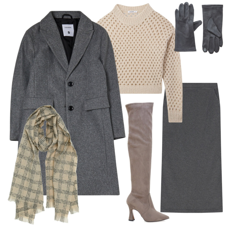 Outfit donna - Una sciarpa e via. Stile Casual chic per Ufficio. Abbinamento con guanti, cappotti, maglieria, gonne lunghe, sciarpe, stivali.