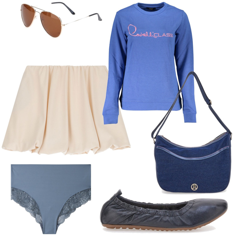 Outfit donna - Simply look. Stile Preppy per Tutti i giorni. Abbinamento con culotte, minigonne, ballerine, borse a tracolla, occhiali da sole, felpe.