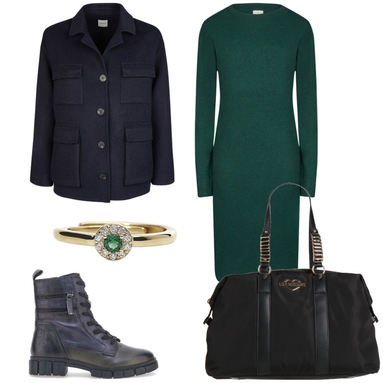 Outfit donna - Bar con colleghi. Stile Urban per Ufficio. Abbinamento con borse a mano, anelli, vestiti midi/longuette, anfibi, cappotti.