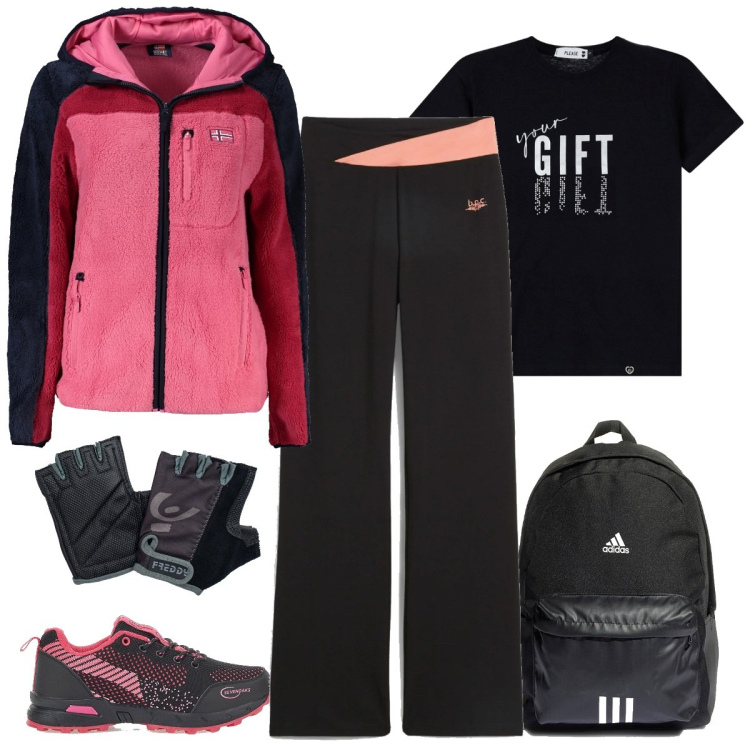 Outfit donna - Gennaio in palestra. Stile Sporty chic per Sport. Abbinamento con pantaloni sportivi, t-shirt, guanti, scarpe sportive, giacche sportive, borse sportive.