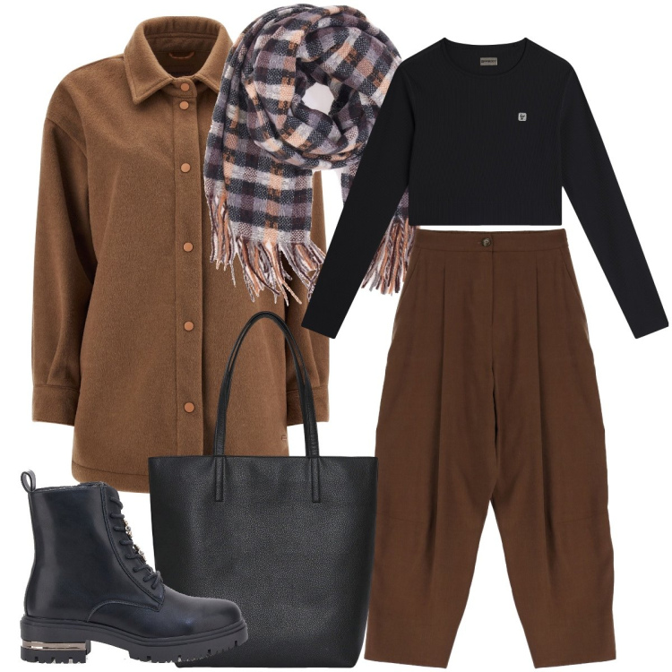 Outfit donna - Una sciarpa e via. Stile Urban per Tutti i giorni. Abbinamento con borse tote, pantaloni, cappotti, maglieria, anfibi, sciarpe.
