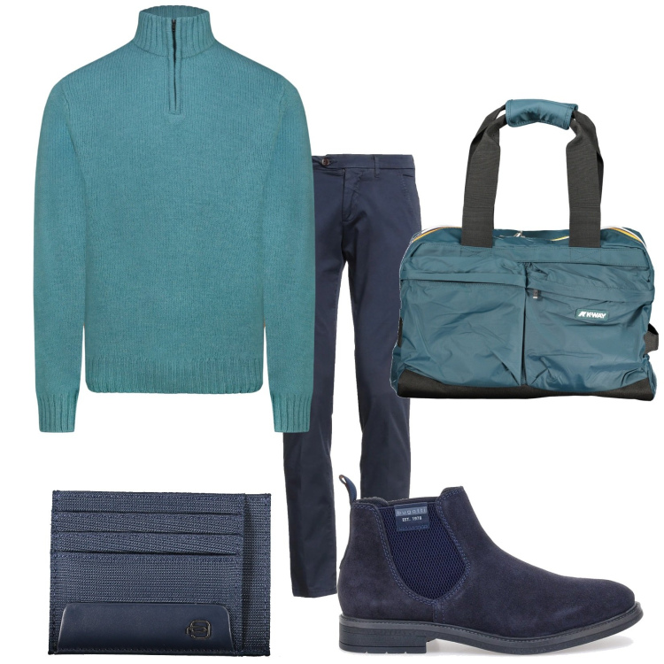 Outfit uomo - Acquamarina. Stile Trendy per Tutti i giorni. Abbinamento con pantaloni, stivali e stivaletti, maglieria, borse sportive, portafogli.