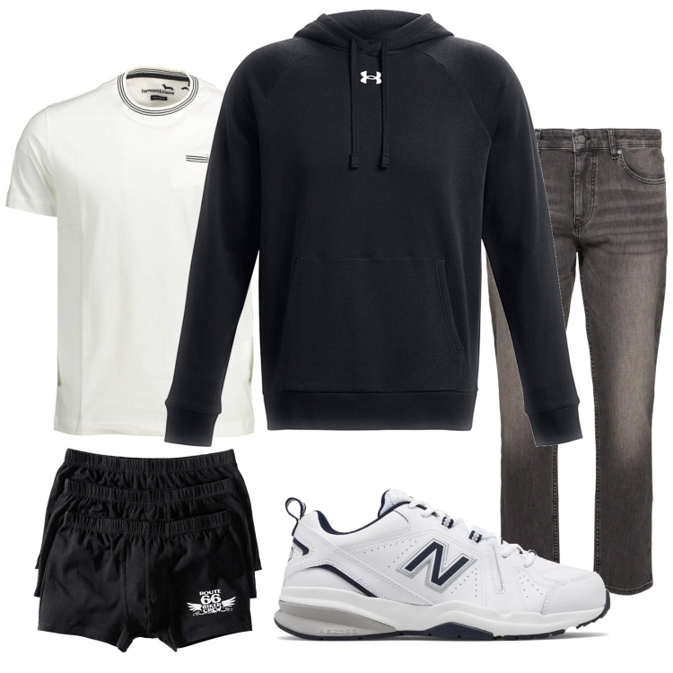 Outfit uomo - Total look #2035269. Stile Urban per Tutti i giorni. Abbinamento con boxer, sneakers, felpe con cappuccio, jeans, t-shirt.