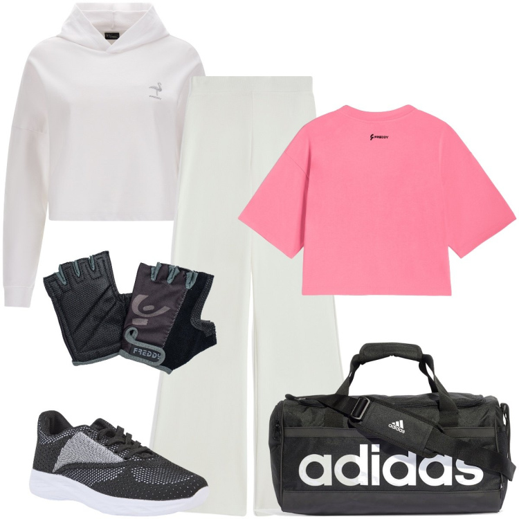 Outfit donna - Gennaio in palestra. Stile Sporty chic per Sport. Abbinamento con sneakers, guanti, pantaloni, felpe con cappuccio, t-shirt, borse sportive.