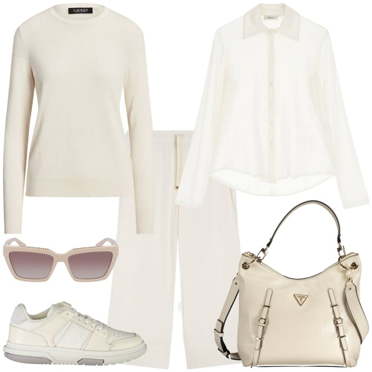 Outfit donna - Winter Whites sporty chic. Stile Sporty chic per Tutti i giorni. Abbinamento con pantaloni culotte, camicie, maglieria, borse a spalla, sneakers, occhiali da sole.