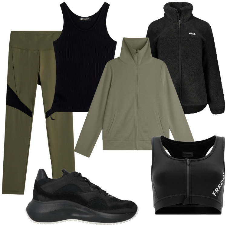 Outfit donna - In palestra. Stile Trendy per Sport. Abbinamento con sneakers, felpe, leggings, reggiseni, canottiere, giacche sportive.