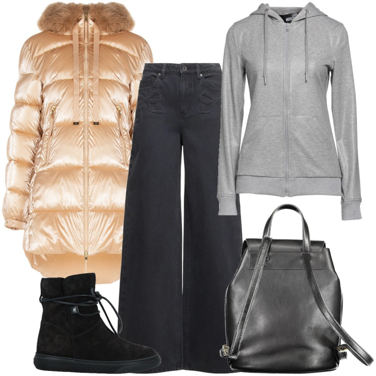 Outfit donna - In montagna. Stile Sporty chic per Tutti i giorni. Abbinamento con stivaletti, felpe con cappuccio, piumini, zaini, jeans.