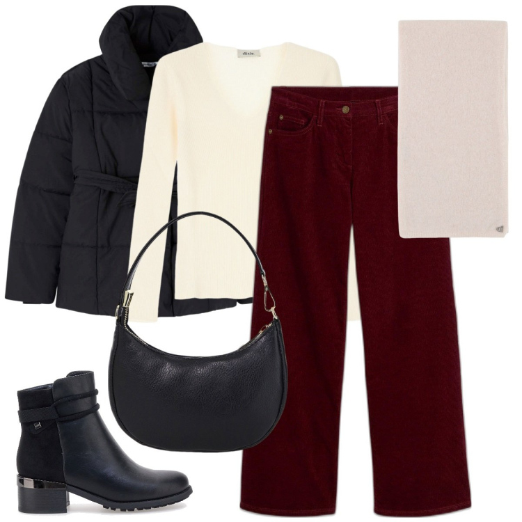Outfit donna - Una sciarpa e via. Stile Basic per Tutti i giorni. Abbinamento con pantaloni, piumini, borse a spalla, stole, maglieria, stivaletti.