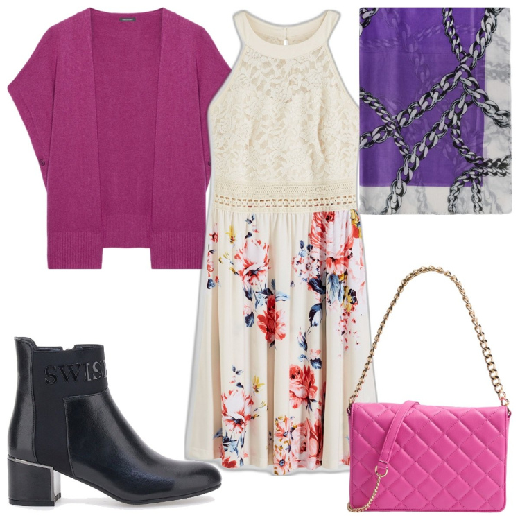 Outfit donna - Total look #2035307. Stile Romantica per Tutti i giorni. Abbinamento con vestiti, borse a tracolla, stivaletti, cappe, sciarpe.