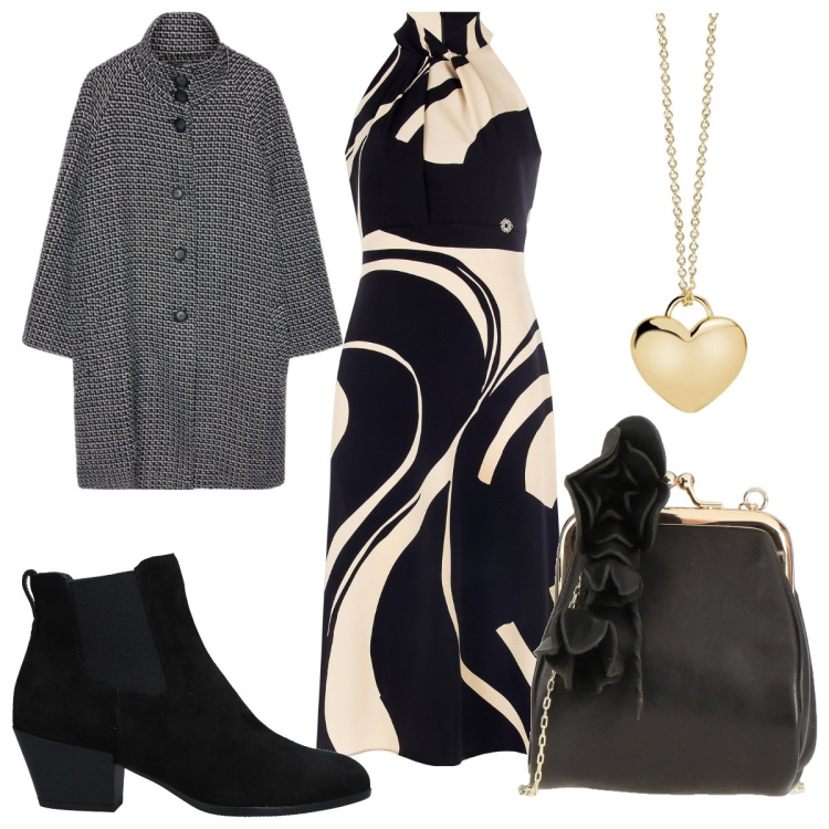 Outfit donna - Total look #2035309. Stile Glamour per Serata fuori. Abbinamento con stivaletti chelsea, borse a tracolla, collane, vestiti midi/longuette, cappotti.