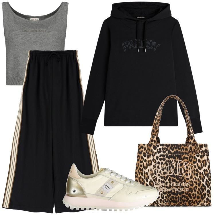 Outfit donna - Sporty chic. Stile Sporty chic per Sport. Abbinamento con felpe con cappuccio, pantaloni sportivi, shopping bag, sneakers, top.