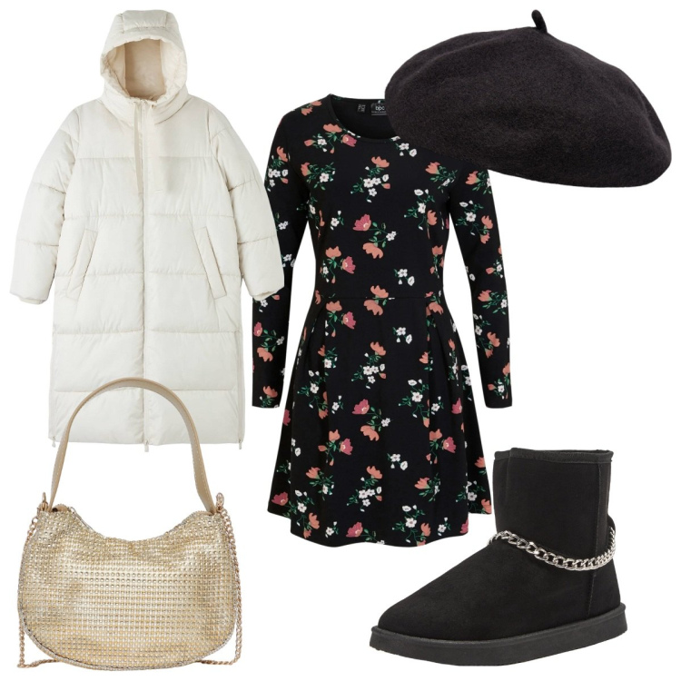 Outfit donna - Total look #2035316. Stile Romantica per Tutti i giorni. Abbinamento con vestiti, stivaletti, piumini, borse a spalla, cappelli e berretti.