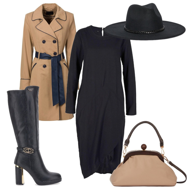 Outfit donna - Total look #2035319. Stile Trendy per Tutti i giorni. Abbinamento con trench, vestiti, stivali, clutch, cappelli.