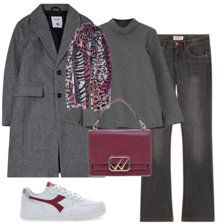Outfit donna - City. Stile Casual chic per Tutti i giorni. Abbinamento con jeans bootcut, cappotti, maglieria, sneakers, foulard, borse a tracolla.