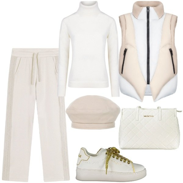 Outfit donna - Speciale Winter Whites. Stile Sporty chic per Tutti i giorni. Abbinamento con pantaloni, cappelli e berretti, piumini, maglieria, sneakers, borse a spalla.