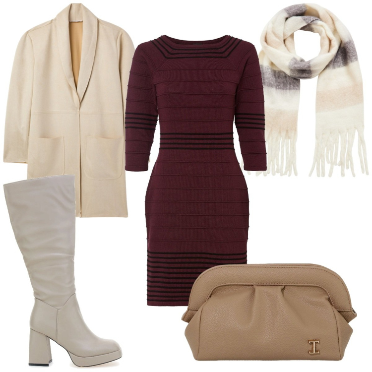 Outfit donna - Total look #2035335. Stile Trendy per Tutti i giorni. Abbinamento con vestiti, sciarpe, trench, borse a mano, stivali.